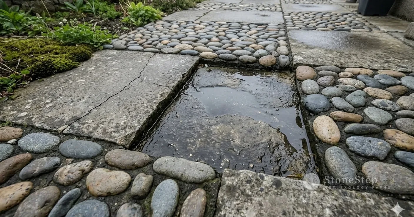 Natural limestone patio being cleaned with a soft brush in an Irish garden, soapy water and clean stone surface visible