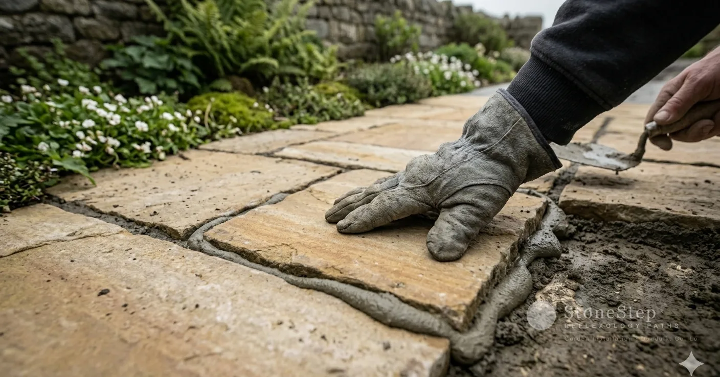 Limestone cottage garden path with river pebble sections in Omeath