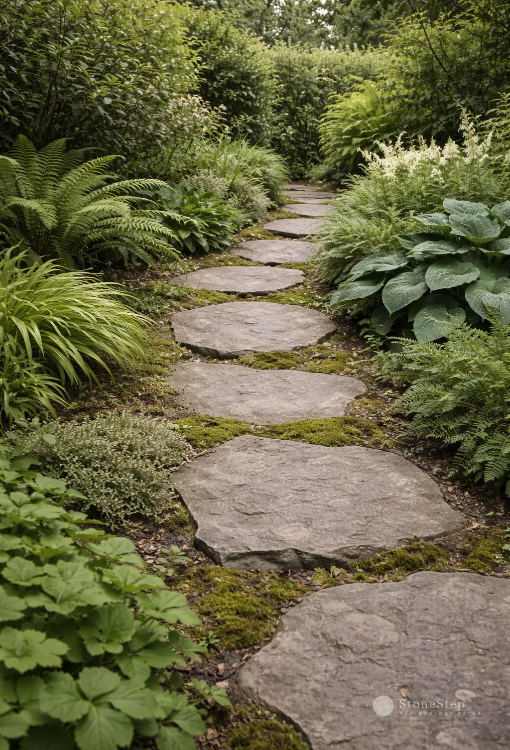 A stepping stone garden path in an Irish garden setting, irregular flat stones set through moss and low planting, soft overcast light