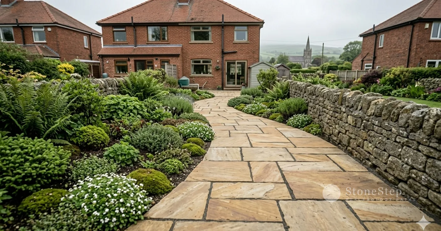 Natural stone garden path alongside a river boundary in Dundalk