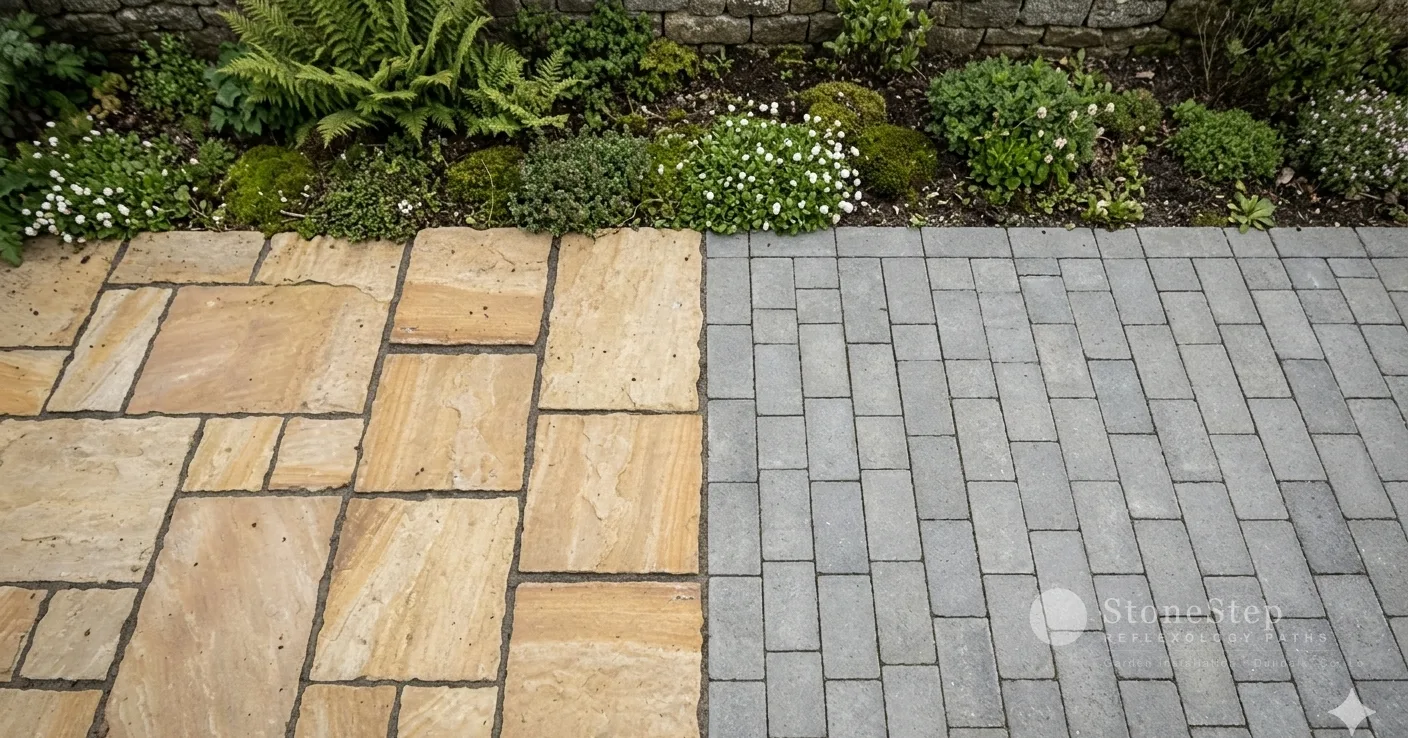 Natural stone paving in a Co. Louth garden after a rainy day, water beading on a sealed limestone surface, frost-free and clean