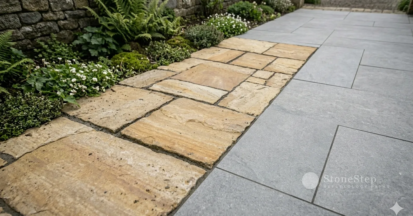 Side-by-side view of a natural limestone patio and a porcelain paved area in adjacent Irish gardens, showing the difference in surface character