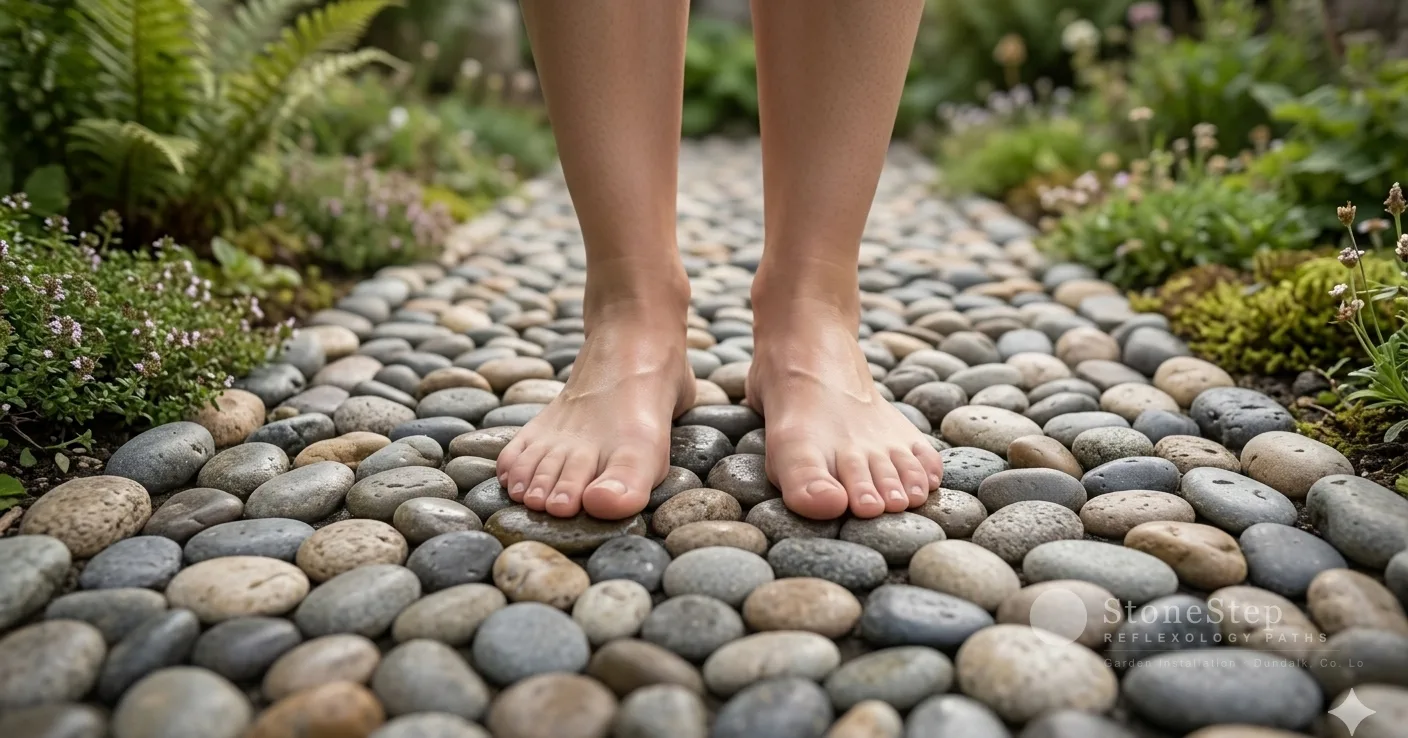 Bare feet standing on a close-packed surface of smooth rounded river pebbles in a garden reflexology path, soft natural light
