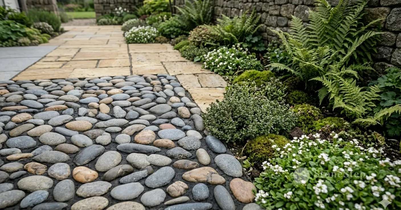 Two contrasting garden spaces: a pebble reflexology path on the left, lush sensory planting with varied textures on the right, Irish garden setting