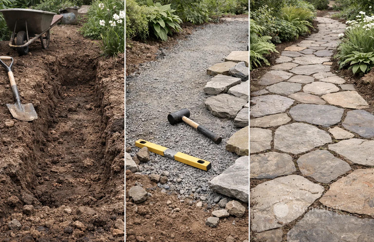 Sequence of stone path installation stages: survey, excavation, sub-base, stone laying and finished path in a Co. Louth garden