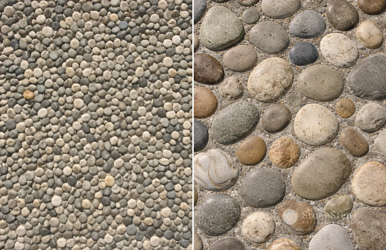 Two contrasting reflexology path surfaces side by side: smooth rounded river pebbles on the left, varied textured natural cobbles on the right