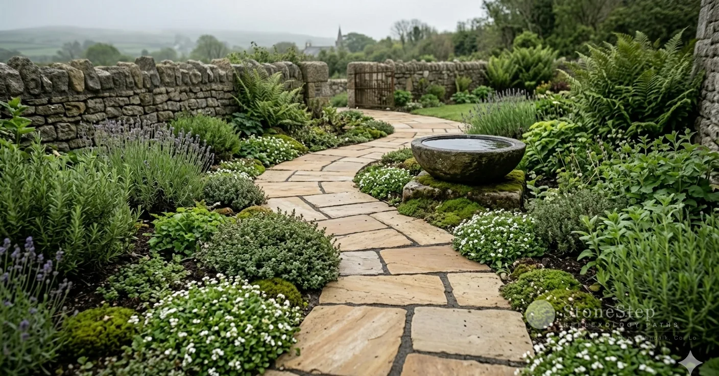 A quiet Irish wellness garden with a stone path, low fragrant planting, and a simple water feature, overcast natural light