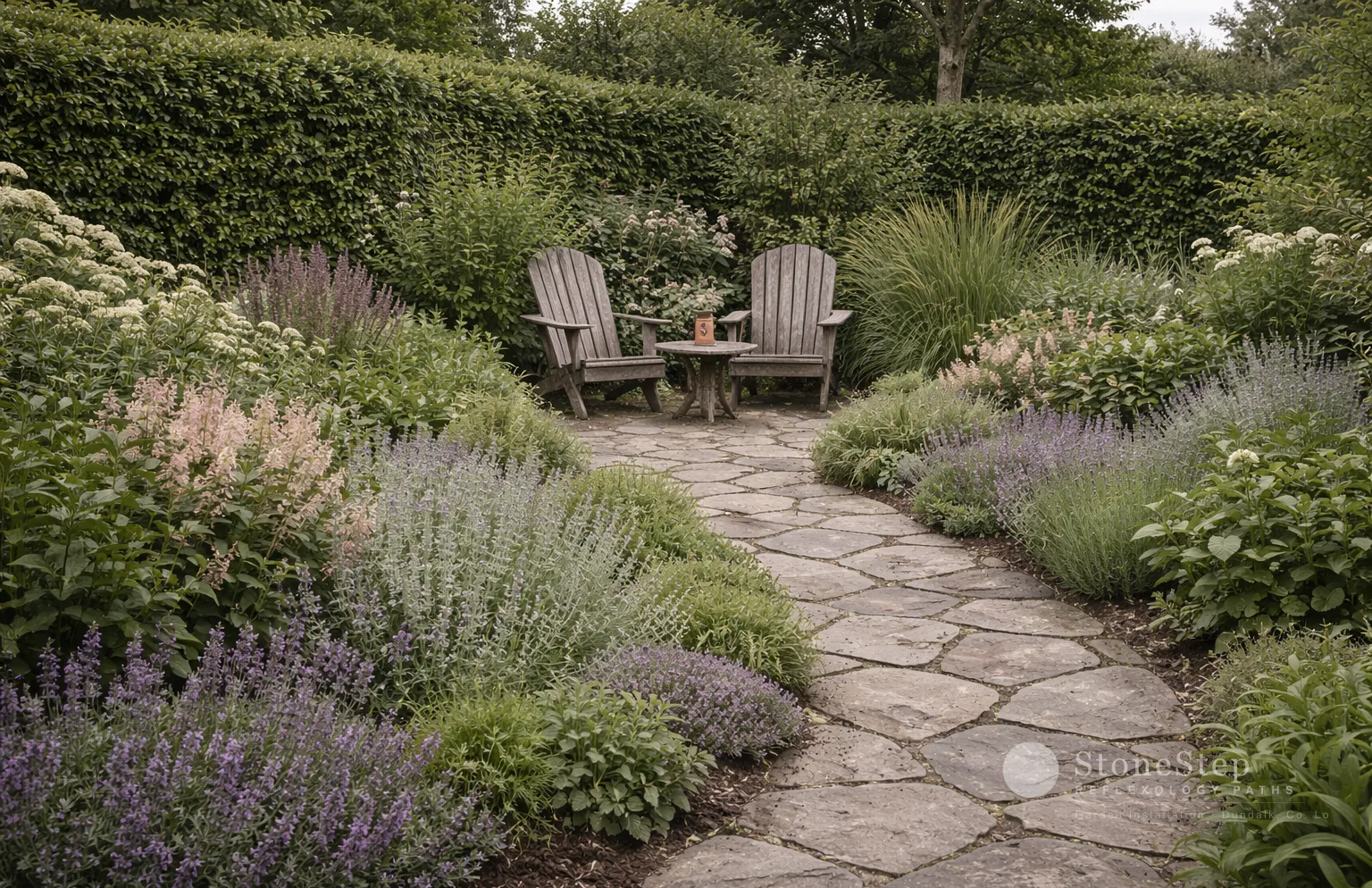 An established wellness garden in a Co. Louth setting, stone path, fragrant planting, overcast Irish light, no people